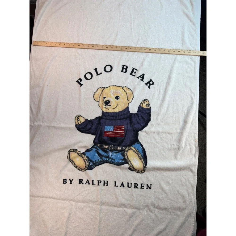 Ralph Lauren Polo Bear Beach Towel White Cotton Flag Sweater Vintage Home 35x60